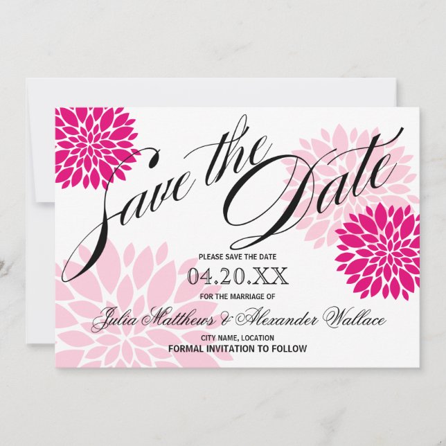 Save The Date Fuchsia et rose Floral Burst Script Enregistrer la (Devant)