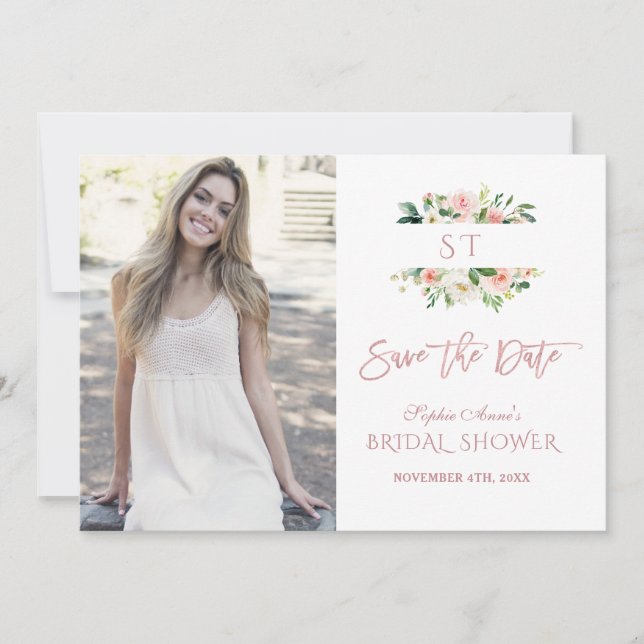 Save The Date Fuchsia Floral Rose Gold Photo Bridal Shower (Devant)