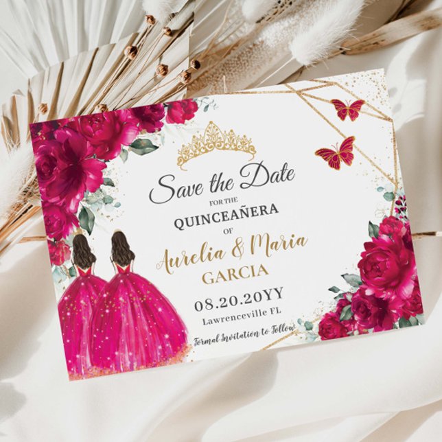 Save The Date Fuchsia Floral Twins XV Quinceañera Enregistrer la (Créateur téléchargé)