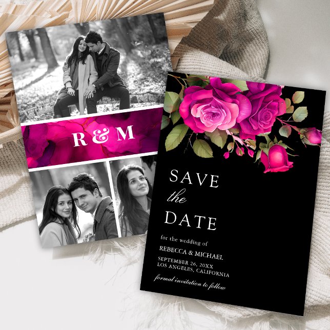 Save The Date Fuchsia Hot Pink Roses Photo Collage Black Wedding (Créateur téléchargé)