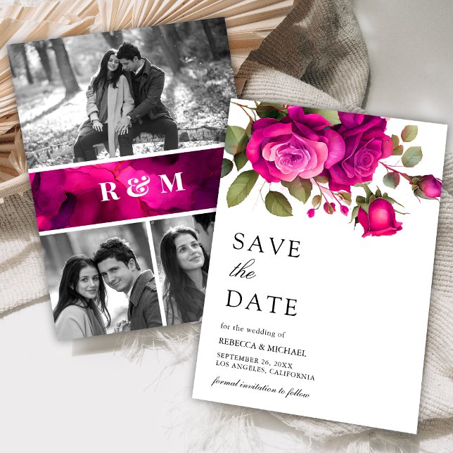 Save The Date Fuchsia Hot Pink Roses Photo Collage Wedding (Créateur téléchargé)