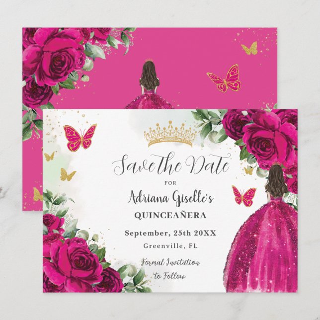 Save The Date Fuchsia Hot rose Floral Princess Gold Quinceañera (Devant / Derrière)