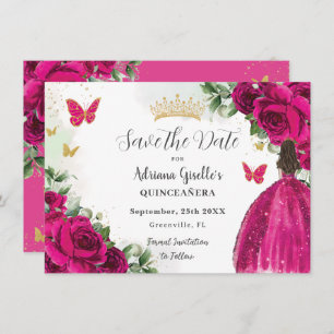 Save The Date Fuchsia Hot rose Floral Princess Gold Quinceañera