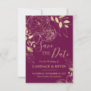Save The Date Fuchsia Pink & Gold Peony Mariage Floral moderne