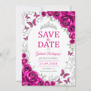 Save The Date Fuchsia Rose Argent Fleur Quinceanera