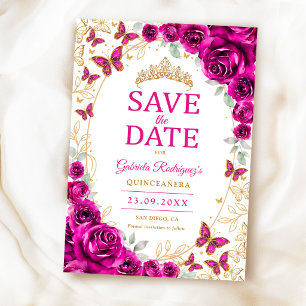 Save The Date Fuchsia Rose Gold Floral Quinceanera