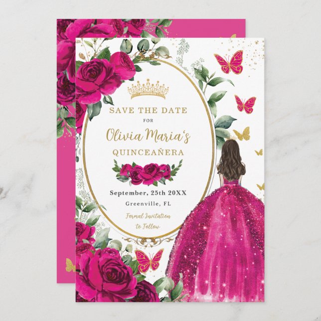 Save The Date Fuchsia Rose Hot Floral Princesse robe Quinceañera (Devant / Derrière)