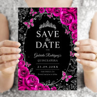 Fuchsia Rose Noir Argent Quinceanera Floral