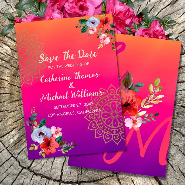 Save The Date Fuchsia rose orange violet brillant et gras floral (Créateur téléchargé)