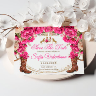 Save The Date Fuchsia Roses et Bottes de Cowboy Country Quinceañ