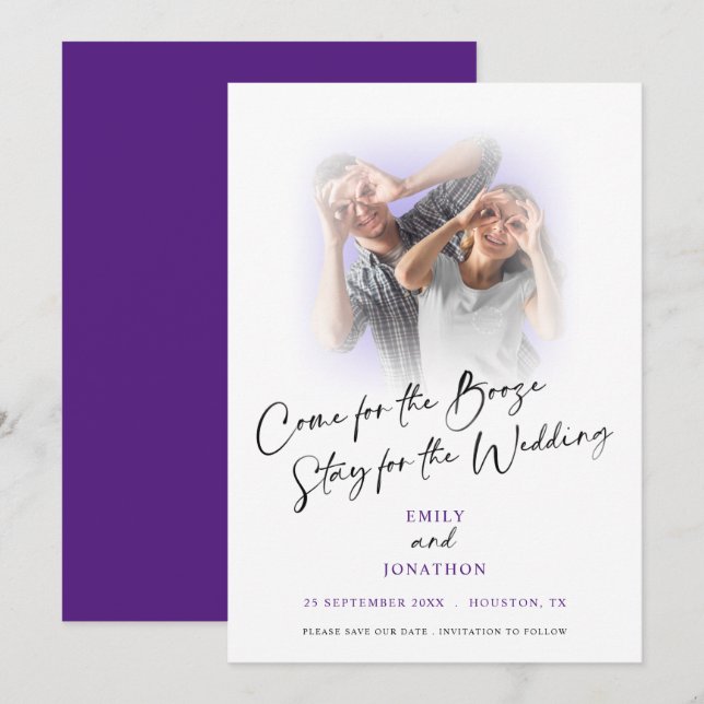 Save The Date Fun Come For Booze Photo Purple Enregistrer La Dat (Devant / Derrière)