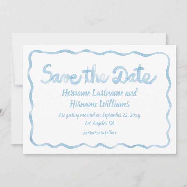 Save The Date Fun main Whimsical tiré Wavy Bleu clair blanc (Devant)