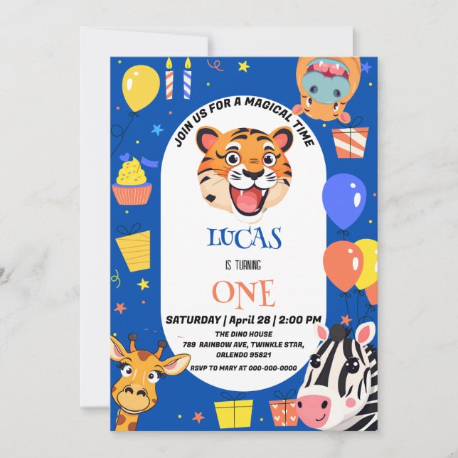 Save The Date Fun tiger Zebra Hippo safari zoo Wild Birthday (Devant)