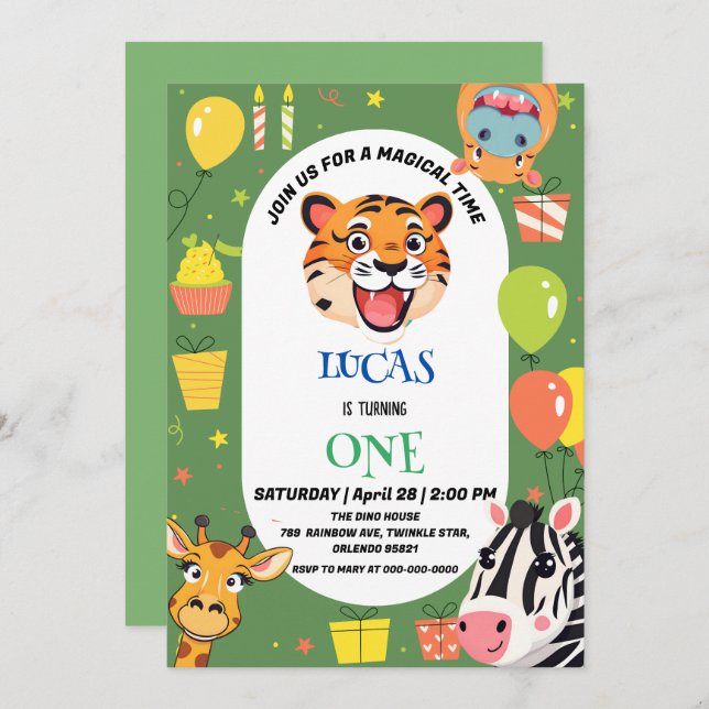 Save The Date Fun tiger Zebra Hippo safari zoo Wild Birthday (Devant / Derrière)