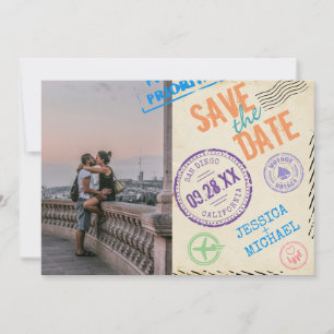 Save The Date Fun Vintage Airmail Stamps Typographie Photo