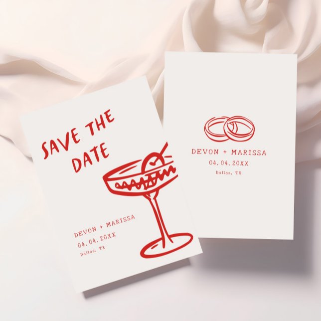 Save The Date Funky + Fun Rouge Moderne Rétro Mariage illustré (Créateur téléchargé)