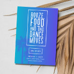 Save The Date Funny Beach Destination Mariage<br><div class="desc">Le mariage sauve les dates dans un décor de palmier bleu foncé sur la plage imprimé avec le slogan drôle "Booze,  nourriture et mauvais mouvements de danse". Donnez le ton pour votre fête mariage avec ces dates de sauvegarde,  parfait pour tout mariage de destination de plage.</div>
