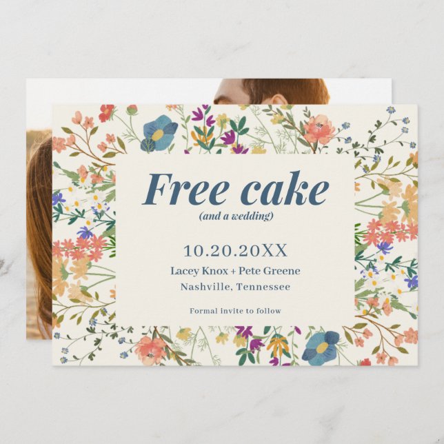 Save The Date Funny Free Cake Fleurs sauvages mariage Enregistre (Devant / Derrière)