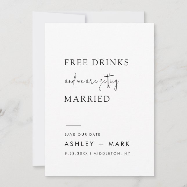 Save The Date Funny Minimalist Script Mariage de boissons gratui (Devant)
