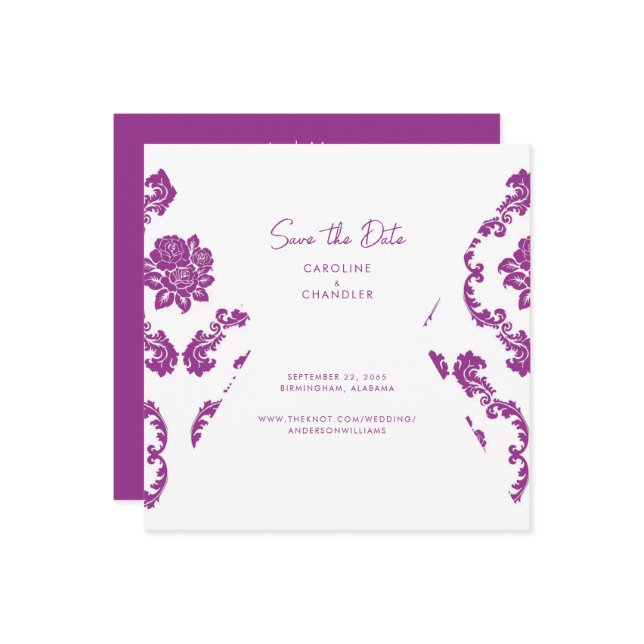 Save The Date Fushia Damask Photo Wedding Enregistrer La Date (Devant/Arrière en situation)