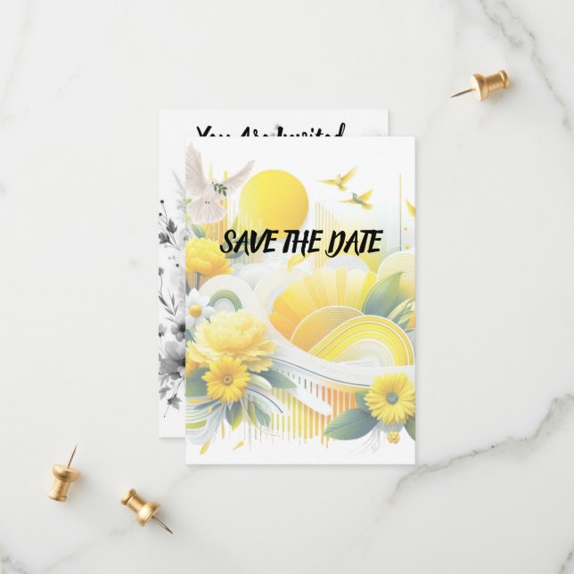 Save The Date Fusion Ensoleillée : Dessins Vibrants Jaune & Citr (Devant/Arrière en situation)