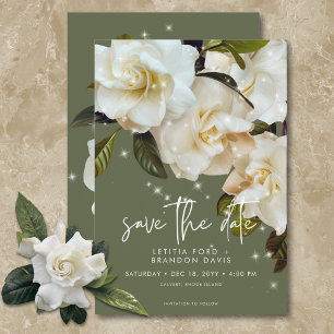 Save The Date Gardenias blanches modernes sur Sage Sparkle Maria