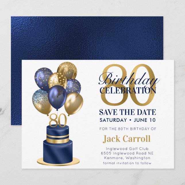 Save The Date Gâteau avec ballons bleu marine pour 80e anniversa (Devant / Derrière)