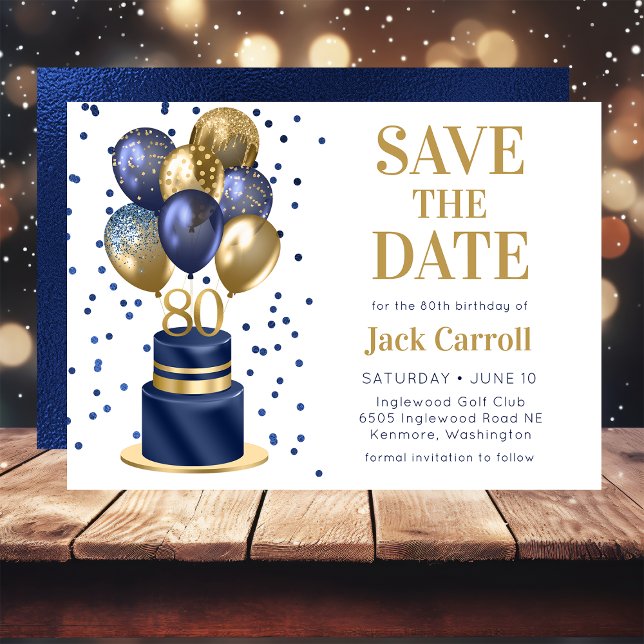 Save The Date Gâteau avec ballons bleu marine pour 80e anniversa (Créateur téléchargé)
