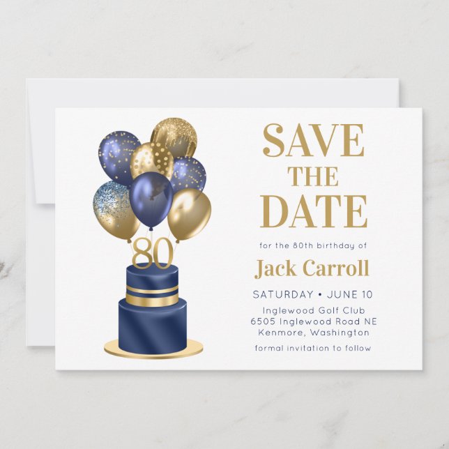 Save The Date Gâteau avec ballons bleu marine pour 80e anniversa (Devant)