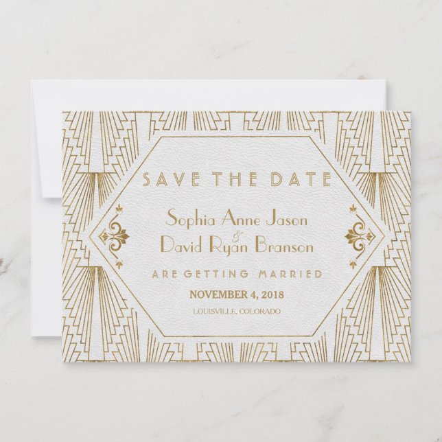 Save The Date Gatsby Art Déco Gold Blanc Enregistrer La Date (Devant)