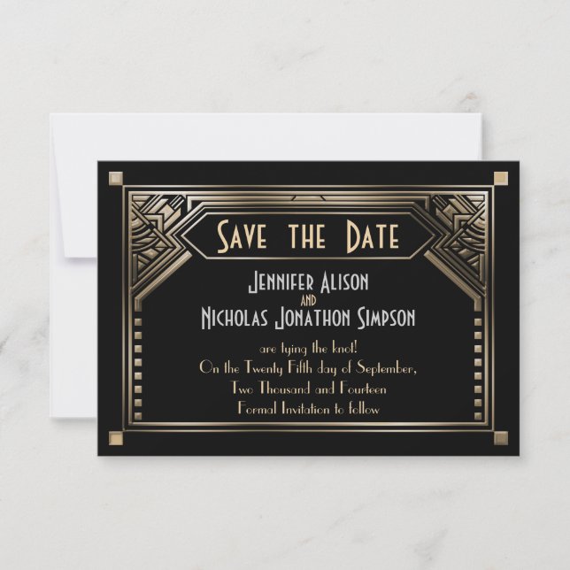 Save The Date Gatsby Gold Shaded Art Déco Mariage Enregistrer la (Devant)