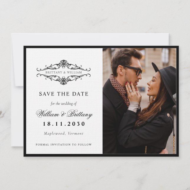 Save The Date [GAZELLE] Élégant Mariage monochrome noir et blanc (Devant)