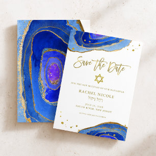 Save The Date Géode Bleu Aquarelle avec Or   Bat Mitzvah