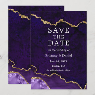 Save The Date Géode d'agate de marbre violet or aquarelle élégan
