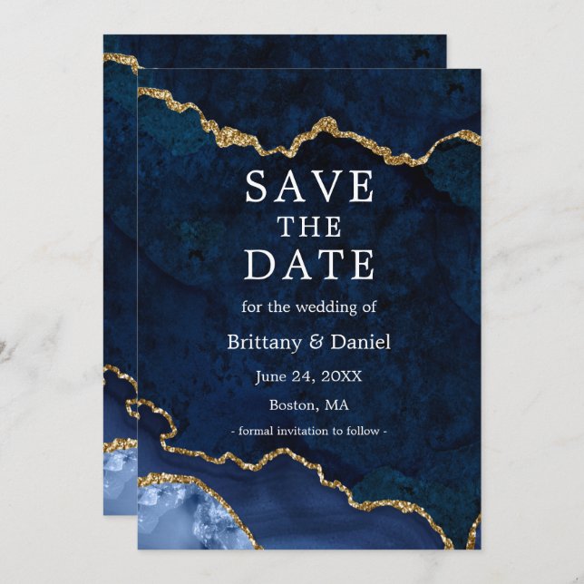 Save The Date Géode d'agate marbrée bleu aquarelle élégante or (Devant / Derrière)