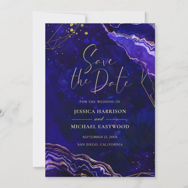 Save The Date Géode géométrique moderne Bleu violet Rose Or Agat (Devant)