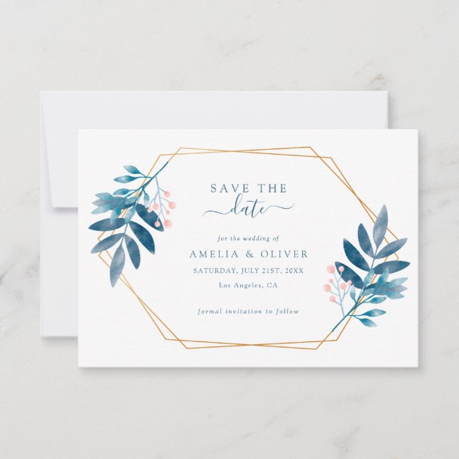 Save The Date Geometric Frame Dusty Blue Greenery Wedding (Devant)