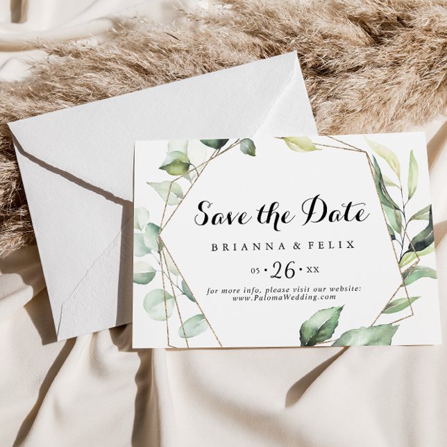 Save The Date Géométrique Elegant Gold Greenery Mariage horizont (Créateur téléchargé)