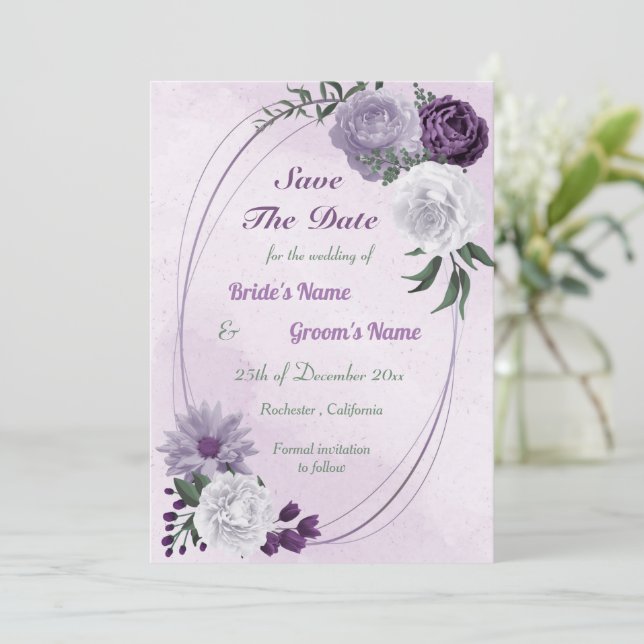 Save The Date géométrique fleurie violette et blanche (Debout devant)