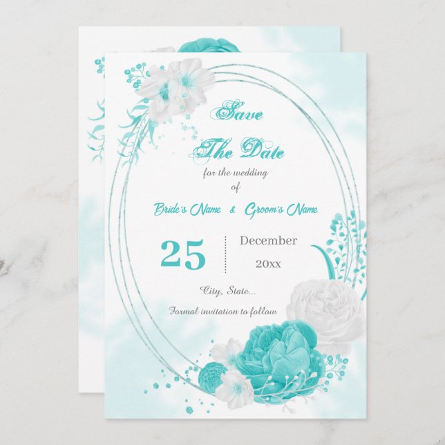 Save The Date géométrique floral blanc turquoise (Devant / Derrière)