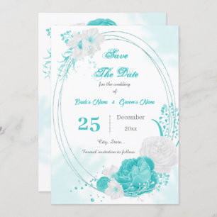 Save The Date géométrique floral blanc turquoise