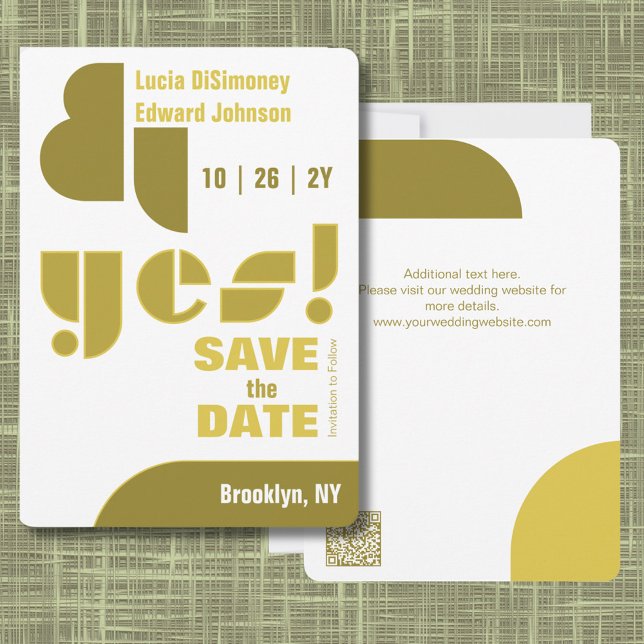 Save The Date Géométrique moderne oui ! Blanc Enregistrer La Car (Modern Sophisticated Olive Green Yes! Wedding Save the Date. Abstract Shapes. Geometric Typography.)