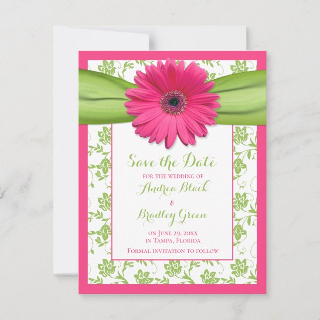 Save The Date Gerber rose Vert Floral Damask Enregistrer la cart (Devant)