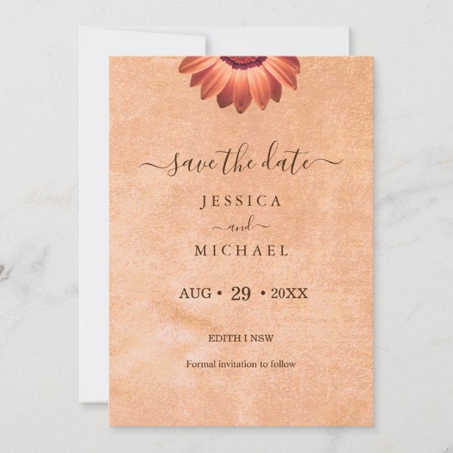 Save The Date Gerbera Flower sur Mariage de pêche Abstrait (Devant)