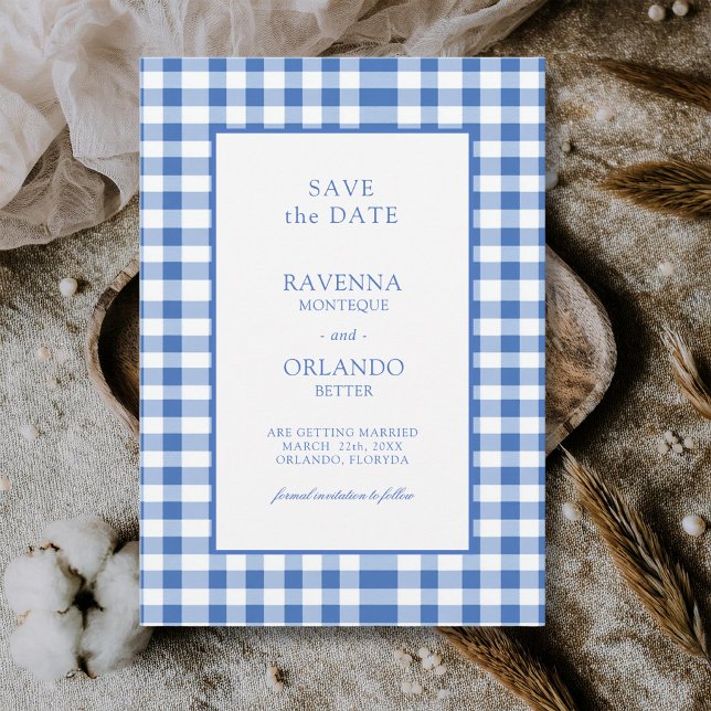 Save The Date Gingham à carreaux bébé bleu mariage rustique (Créateur téléchargé)