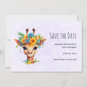 Save The Date Giraffe mignonne à couronne florale