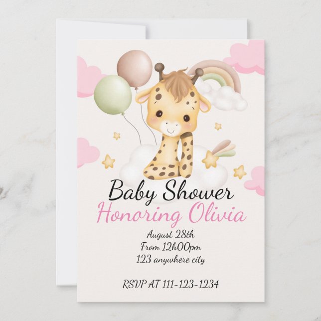 Save The Date Giraffe rose baby shower fille (Devant)