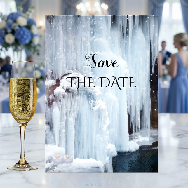 Save The Date Glace étincelante Mariage hivernal Enregistrer la  (Winter wedding Save the Date card featuring a frozen waterfall with sparkling light snow flakes)