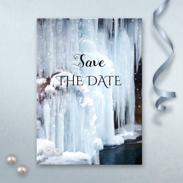 Save The Date Glace étincelante Mariage hivernal Enregistrer la  (Winter wedding Save the Date card featuring a frozen waterfall with sparkling light snow flakes)