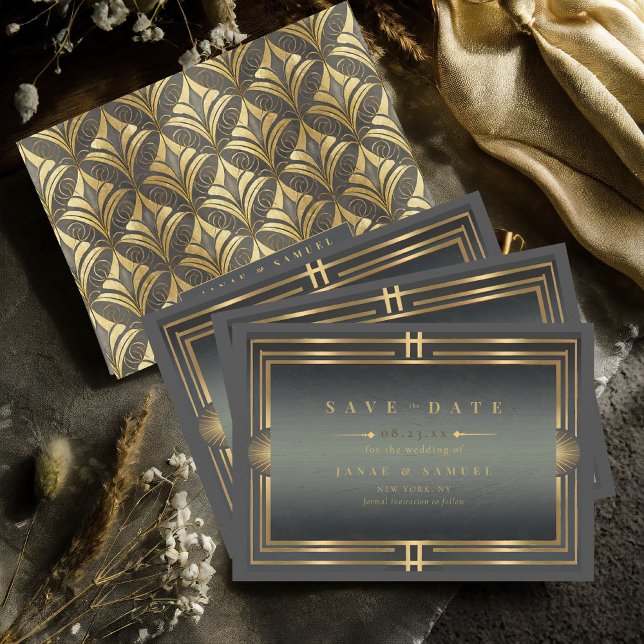 Save The Date Glam Art Deco Mariage Noir/Or ID1033 (Créateur téléchargé)